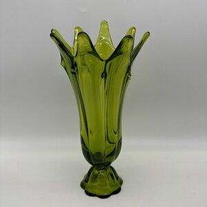 Vintage Viking Glass Green Avocado 8 Finger Epic #6707 12” Swung Vase MCM 1960’s